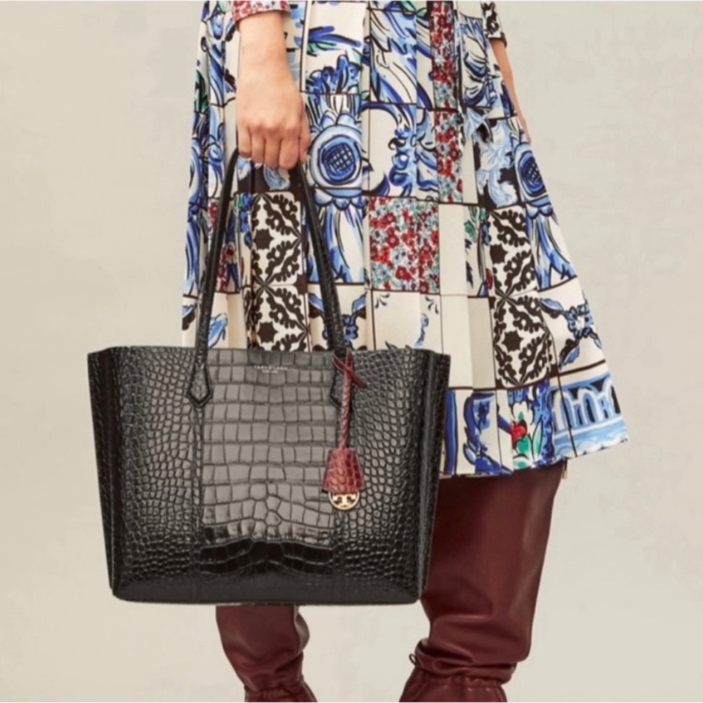Tory Burch Perry Crocodile Embossed Triple Compartment Tote